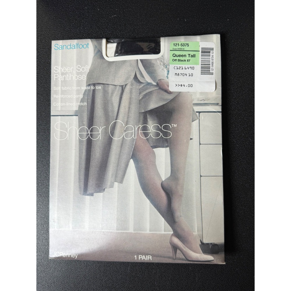 JCPenney Sheer Caress Pantihose Queen Tall‎ Off Black 87 Sandalfoot Vintage NEW